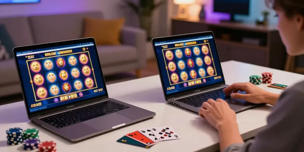 Engaging in an akunjp online gambling experience with a laptop and casino props.