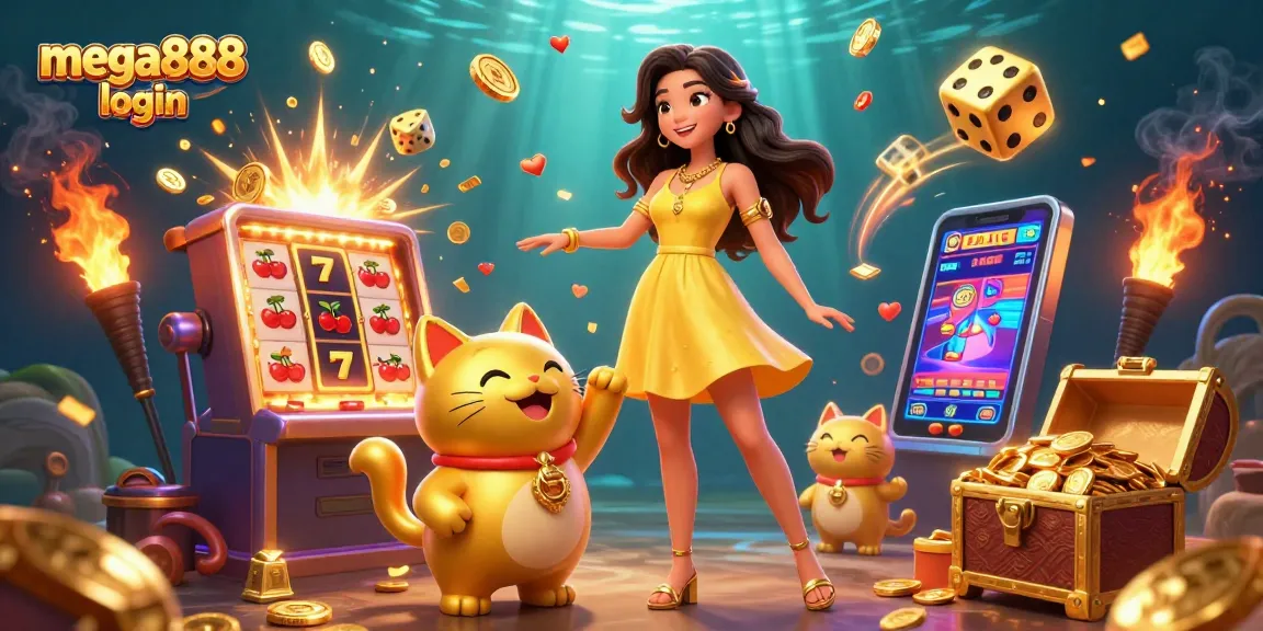 Alami mega888 login dengan watak-watak yang berwarna-warni dan elemen kasino dinamik dalam ilustrasi yang menarik dan berwarna.