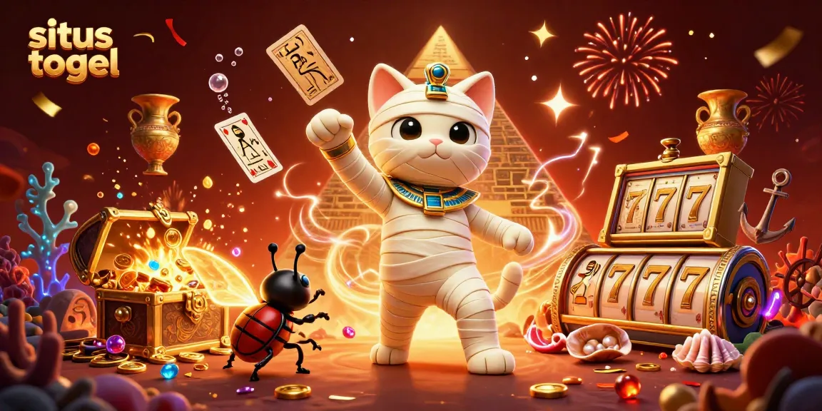 Situs togel excitement as a cartoon Egyptian mummy cat bursts from a sarcophagus in a vibrant casino