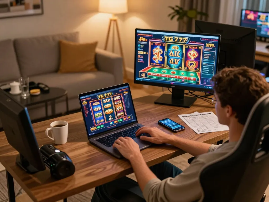 Engaged user playing TG 777 casino games on a laptop at home, showcasing a warm gaming atmosphere.