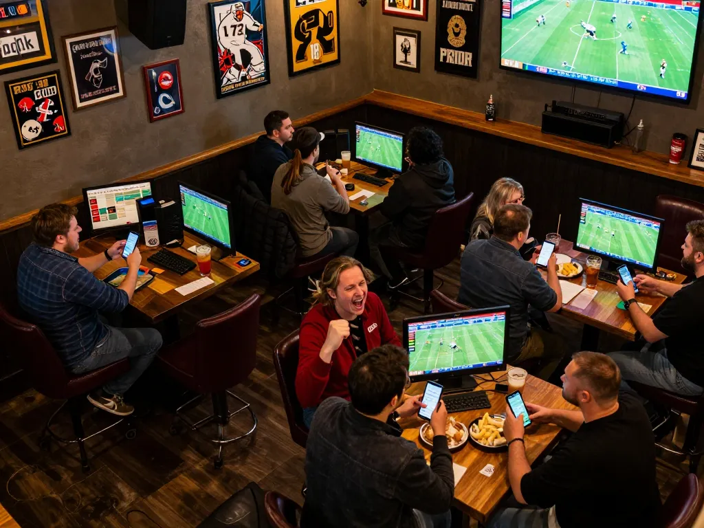 Guests engage in sports betting at keonhacai1 featuring live matches and mobile devices