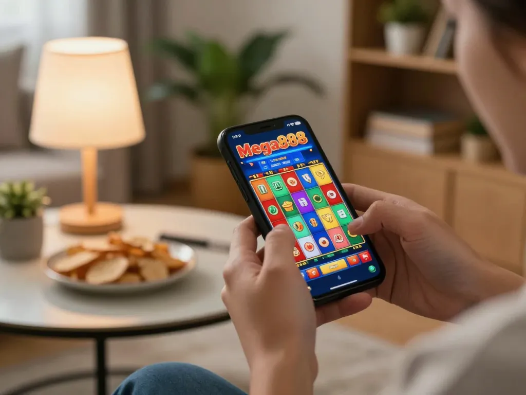Engaged player spinning the mega888 slot game on smartphone, showcasing vibrant graphics and gameplay experience.