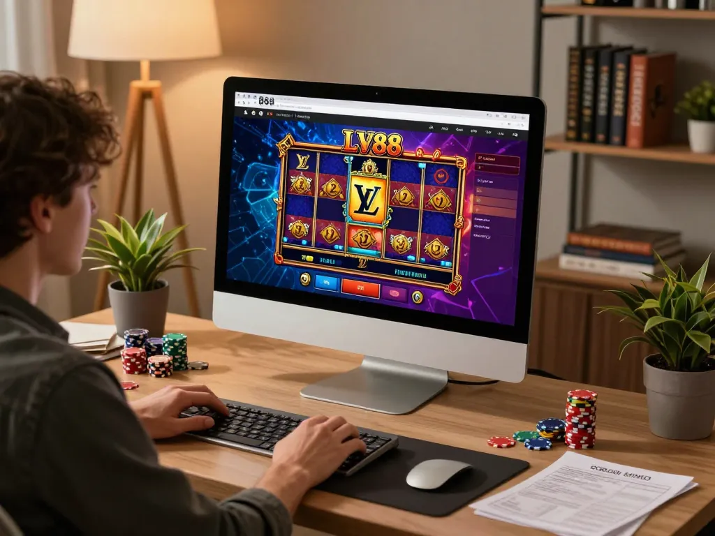 Engaged player experiencing LV88 slot game on a stylish computer setup, showcasing personalized gaming space.