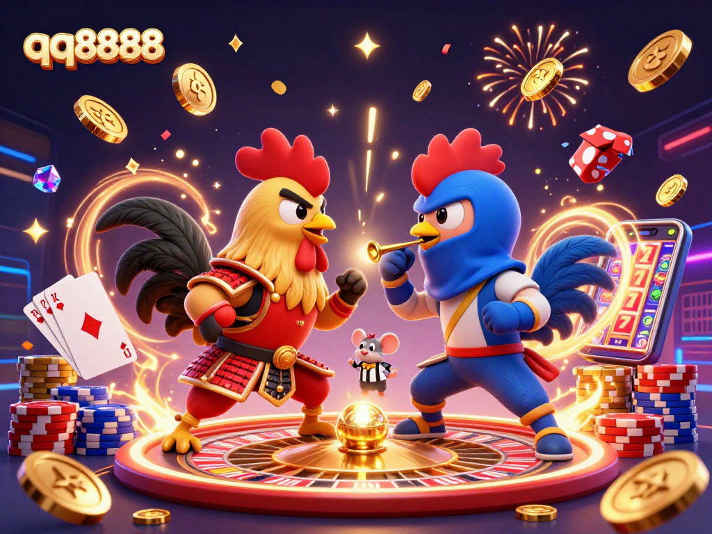 Engage in thrilling action at qq8888 with exciting battling roosters amidst cascading coins and poker chips.