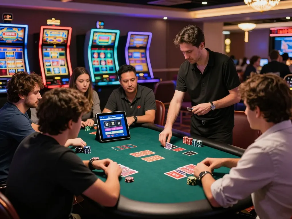 Exciting gaming atmosphere at 32win.com with players at a poker table and digital screens displaying live odds.