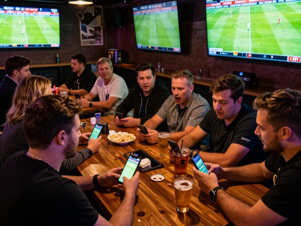 Betting on Bundesliga matches at nk88, patrons engaged in excitement at a lively sports bar.