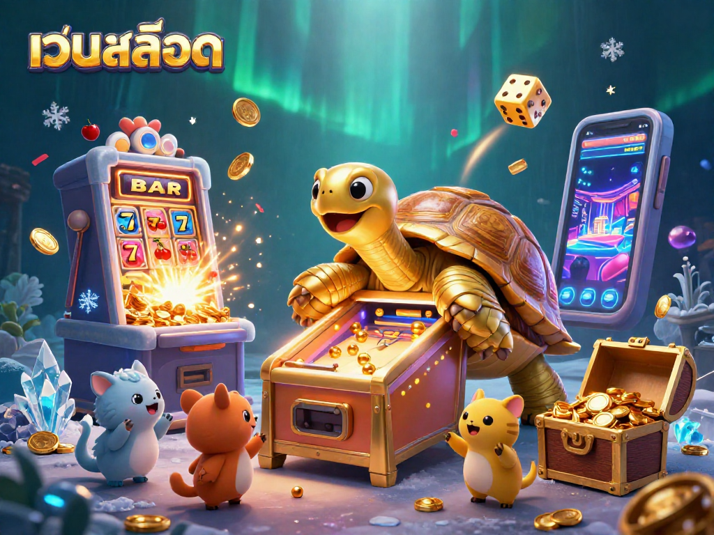 Play exciting เว็บสล็อต games with a golden tortoise pinball machine surrounded by vibrant casino elements.