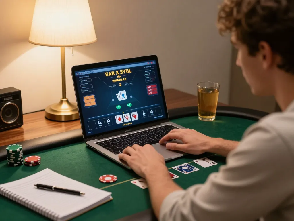 Engaging gameplay at Win 678 with a player using a laptop for poker in a cozy setting