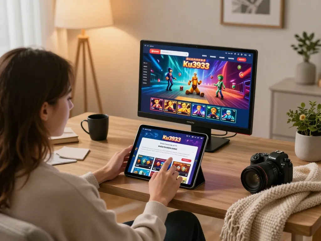 Player engaging with link vào ku3933 on a tablet in a cozy home office, showcasing online casino gaming.