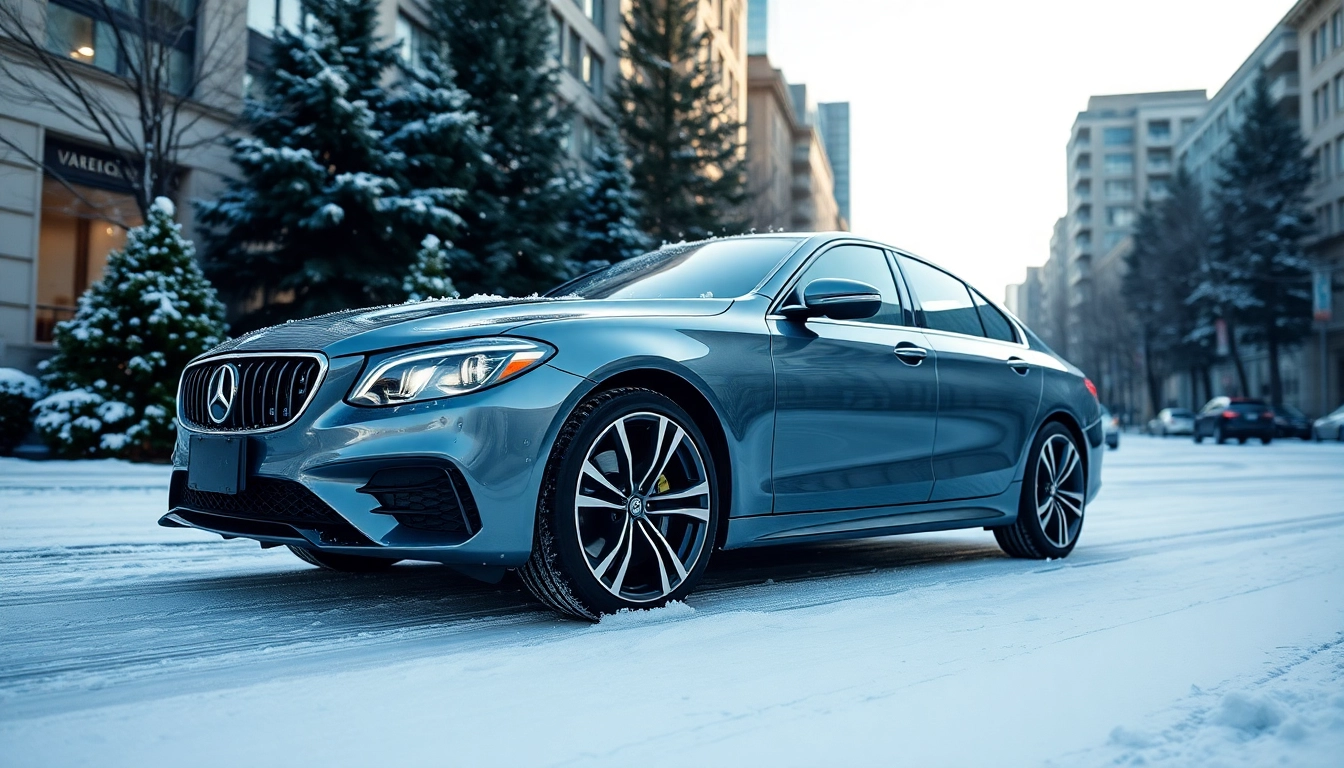 Showcase of PPF winter road salt protection on a parked vehicle in a snowy urban setting.