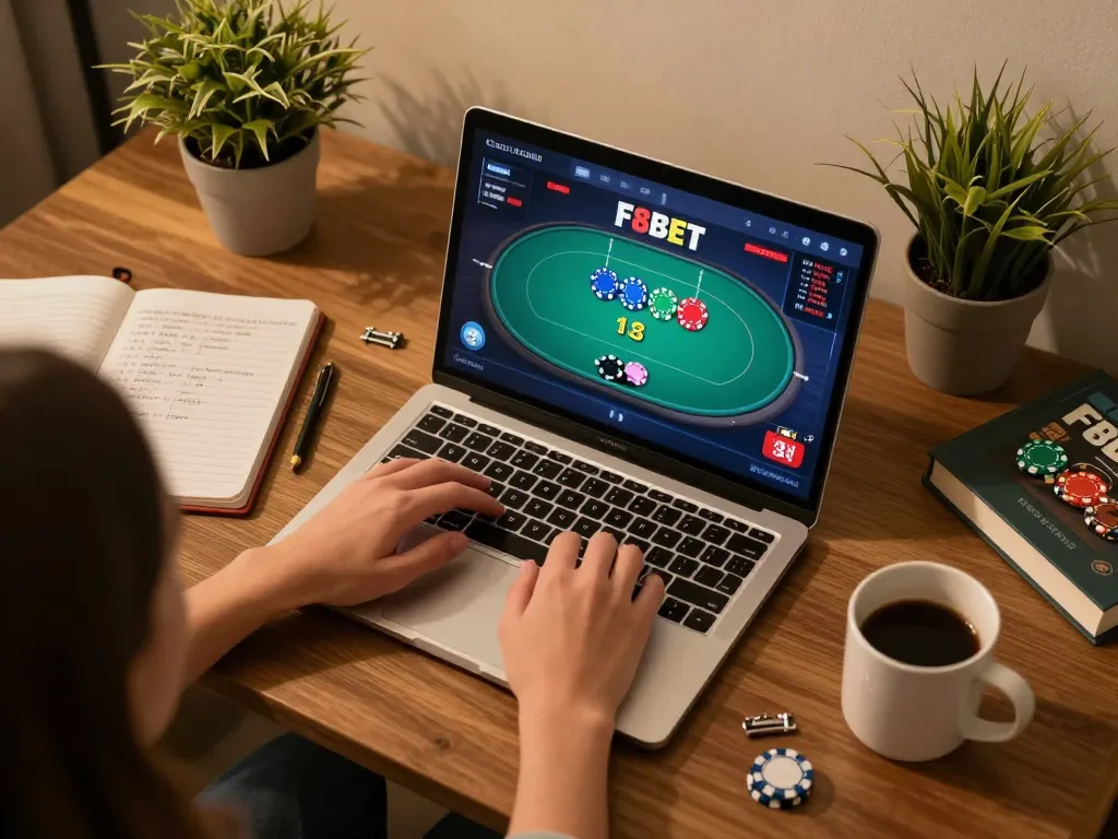 Engaging in online poker with F8BET on a laptop at home, showcasing strategic gameplay