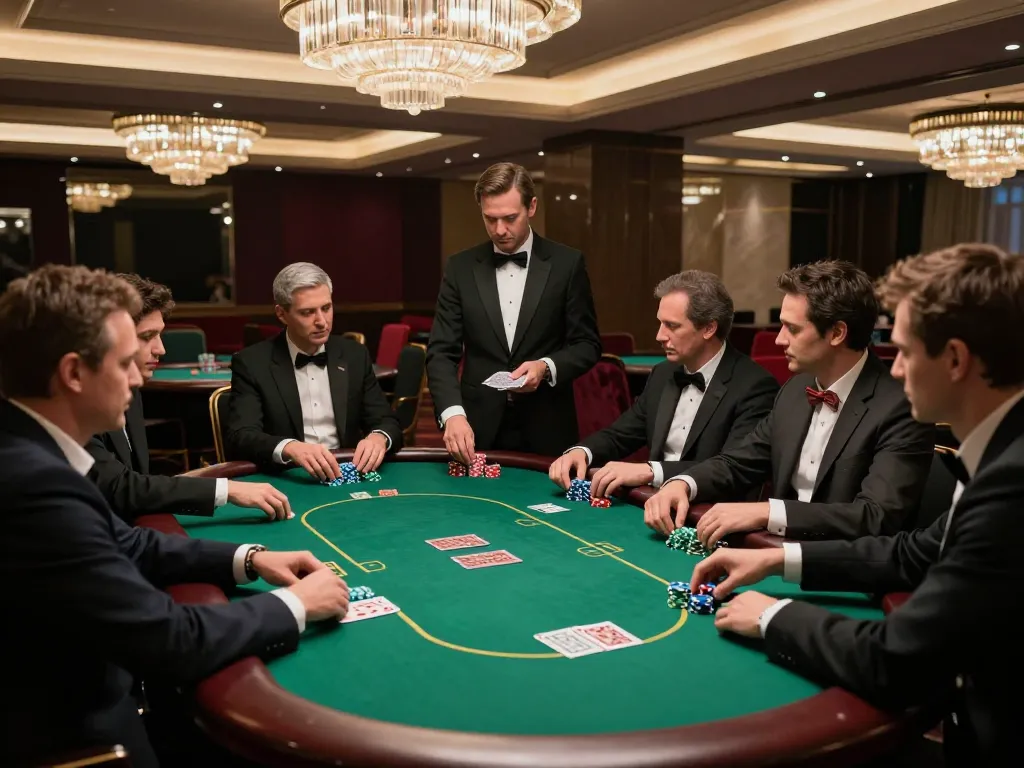 Permainan poker taruhan tinggi di kasino mewah, menyoroti keseruan dari https://www.youngsmarts.com/download.htm dan taruhan strategis.