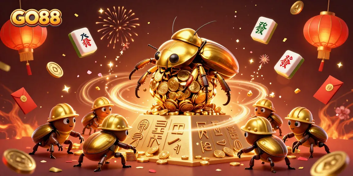 Experience GO88 with a dynamic scene of golden beetles and casino elements in a vibrant celebration.
