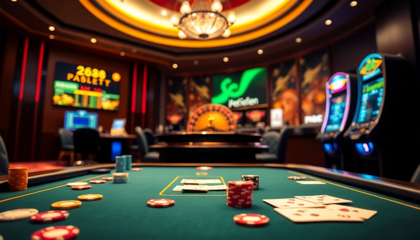 Gamblers strategizing at a thrilling pg88 casino table with vibrant chips and cards.