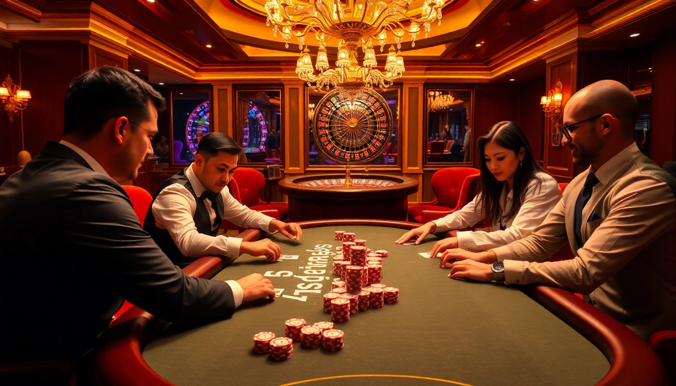 Engaging in a game bài đổi thưởng uy tín at a luxurious casino poker table filled with vibrant chips.