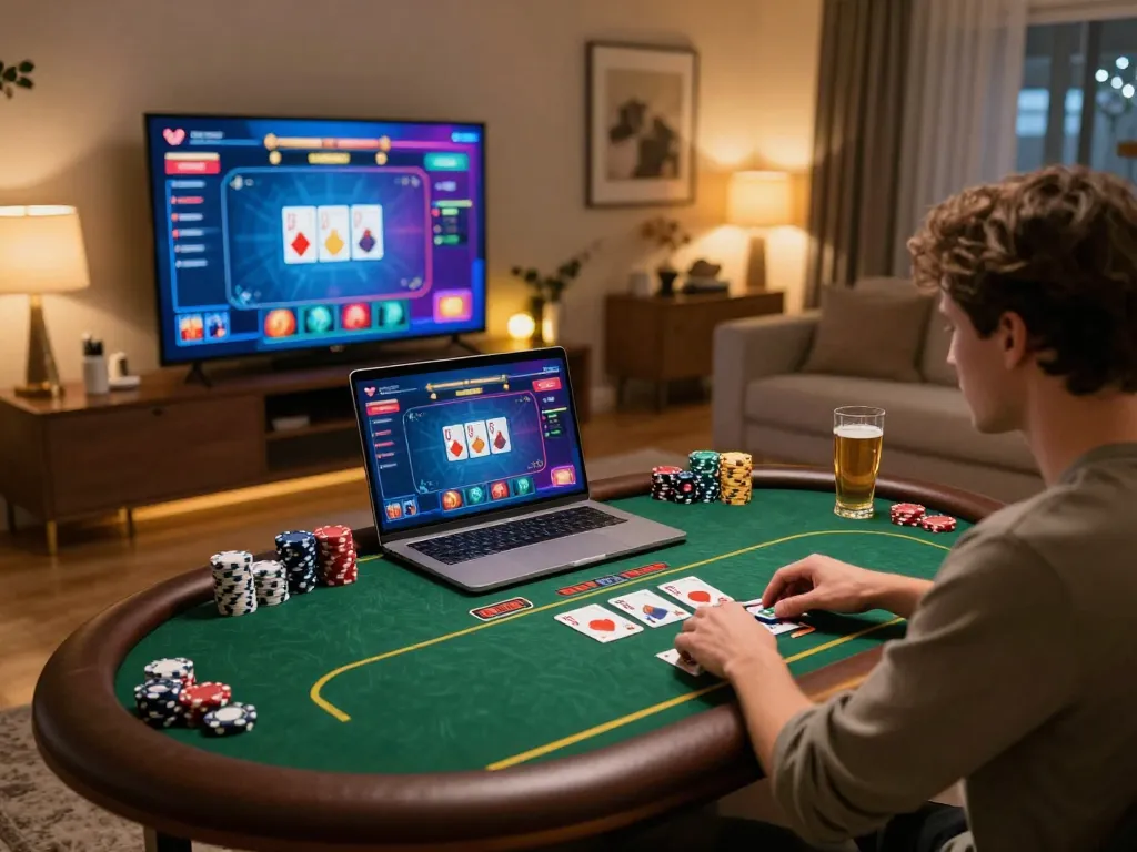 Player engrossed in online poker at home with ww88 gambling interface visible on laptop screen