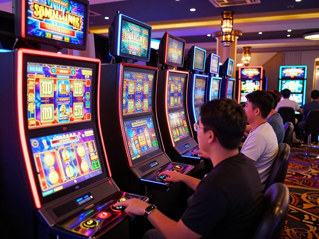 Players enjoying situs slot gacor at the slot machines with vibrant colors and engaging gameplay.