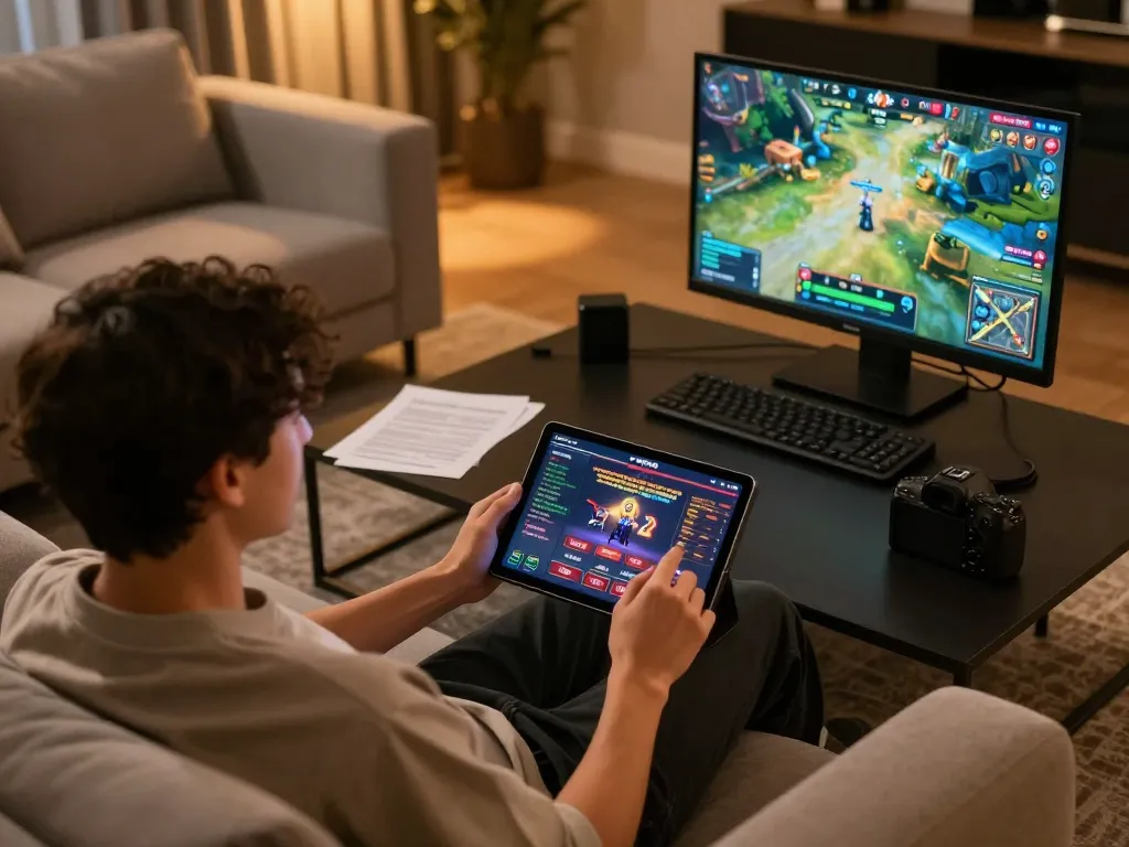 Engaging in GO8 online casino gameplay on a tablet, cozy home gaming atmosphere