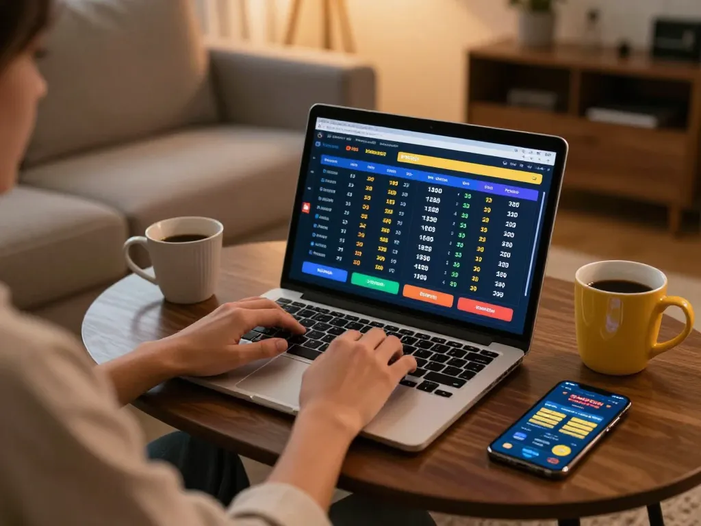 Engaging in sports betting online while analyzing ty le keo on a laptop in a cozy home setting.