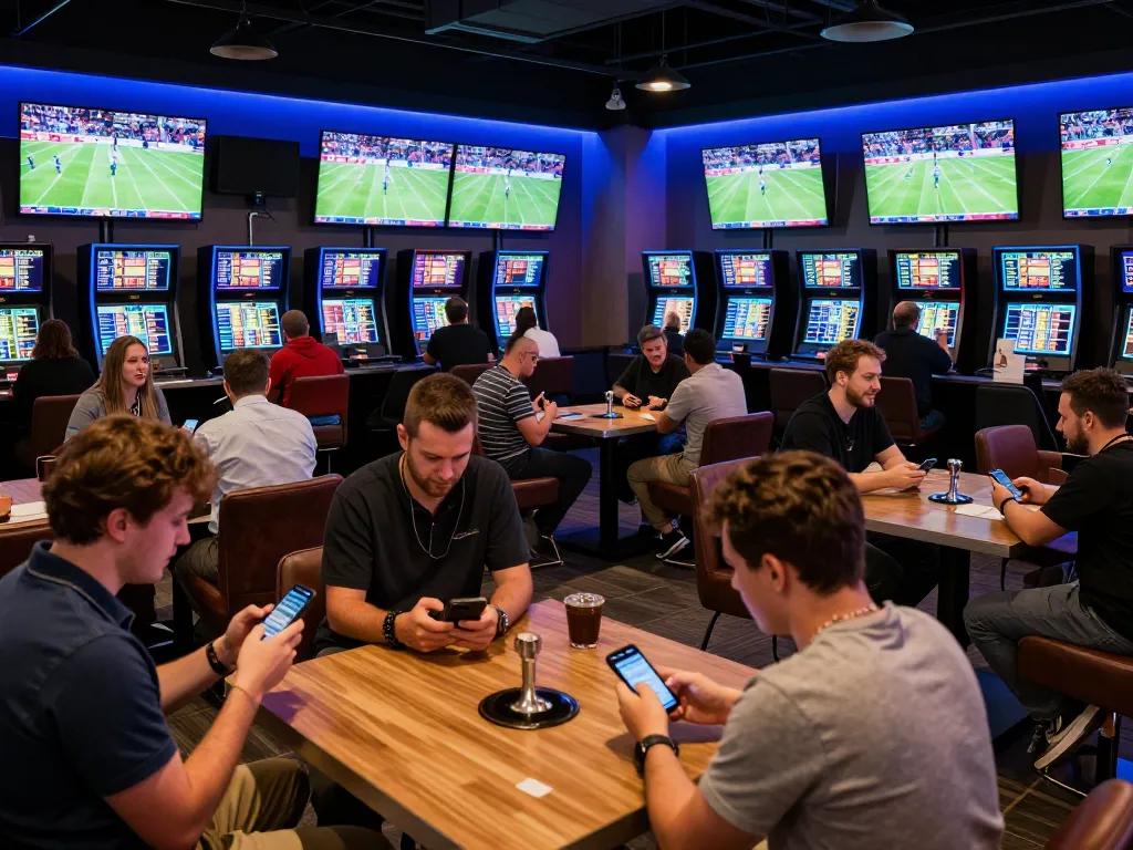 Betting on sports at GG 88 with engaged players analyzing odds on smartphones in a lively lounge.