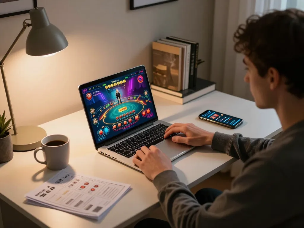 Player enjoying an interactive experience on lv88cha.com through a modern laptop setup with gaming strategy notes and ambient lighting