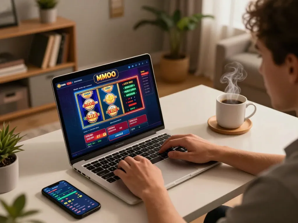 Player engaging in the MMOO online casino, showcasing a vibrant gaming interface on laptop in a cozy environment.
