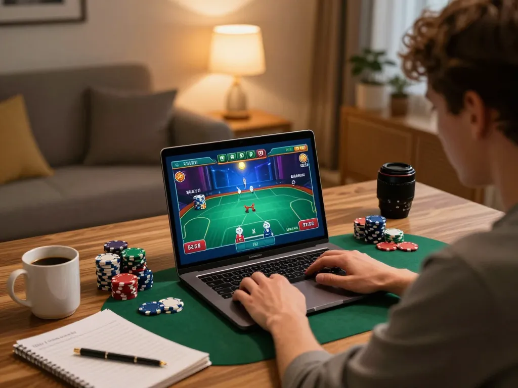 Engaging online poker gameplay at home on https://rr88co.net/ with warm ambiance and strategic elements.
