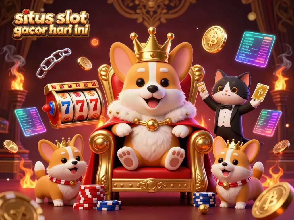 Beraksi di situs slot gacor hari ini dengan corgi kerajaan dan kartu emas di tengah suasana permainan yang menegangkan.