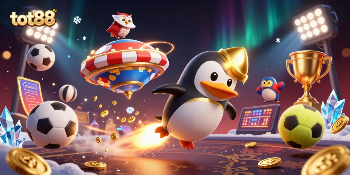 Engage with thrilling gaming at tot88, featuring a penguin-powered rocket amidst dynamic sports tokens.