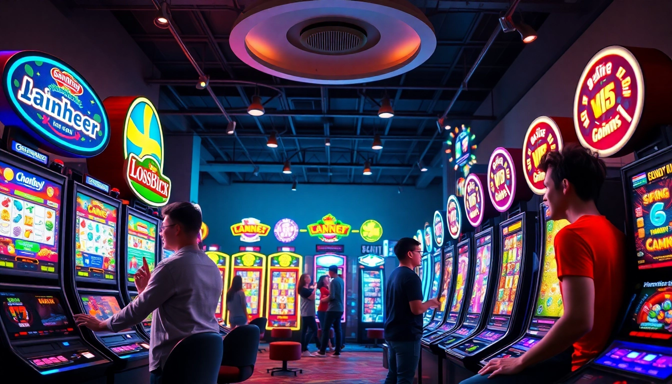 Dynamic gaming scene showcasing asupantoto slot games with players engaged in vibrant atmosphere.