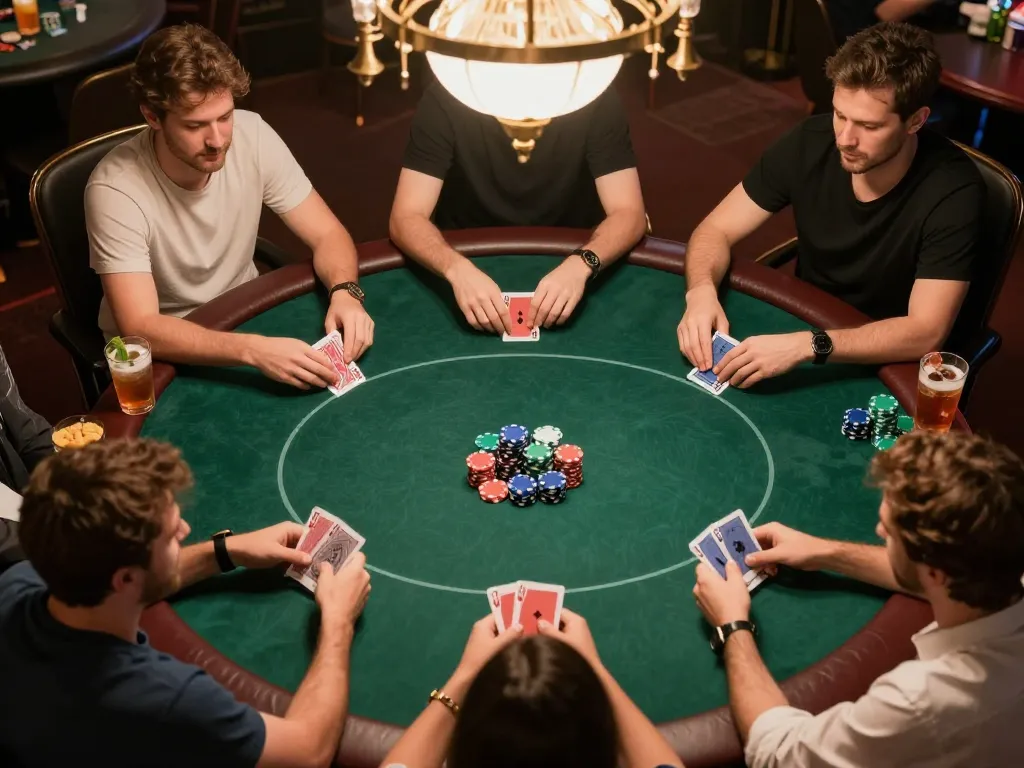 Players strategizing in a friendly poker game at home, showcasing 99Win's engaging atmosphere and social interaction.