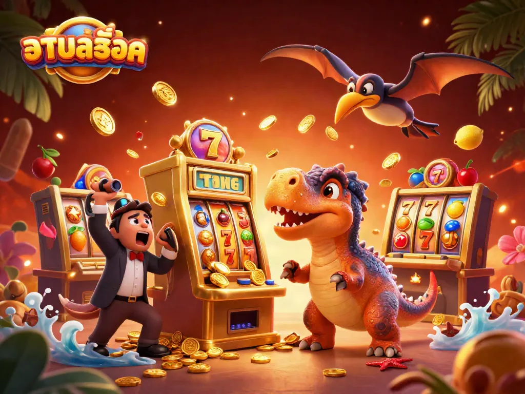 Watch the pachycephalosaurus headbutt a slot machine while golden coins rain down in this exciting รวมสล็อต scene.