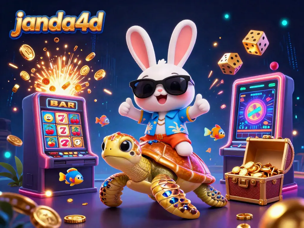 Gambaran ceria menggunakan 3D kartun dari janda4d terkait slot online dengan karakter kelinci dan penyu.