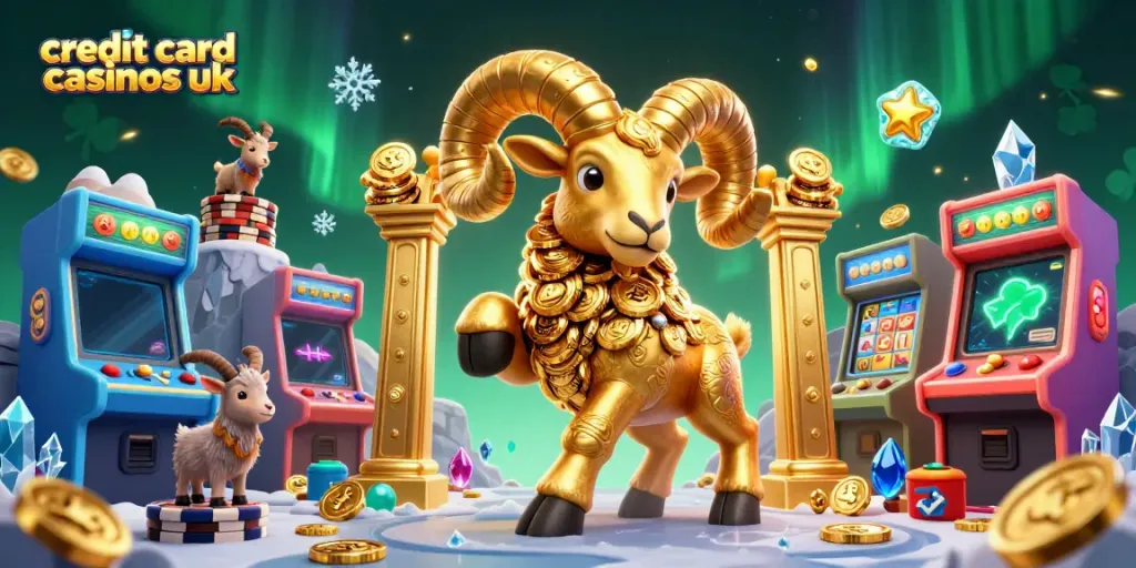 Explore the vibrant scene of credit card casinos uk, featuring a golden ram and arcade machines.