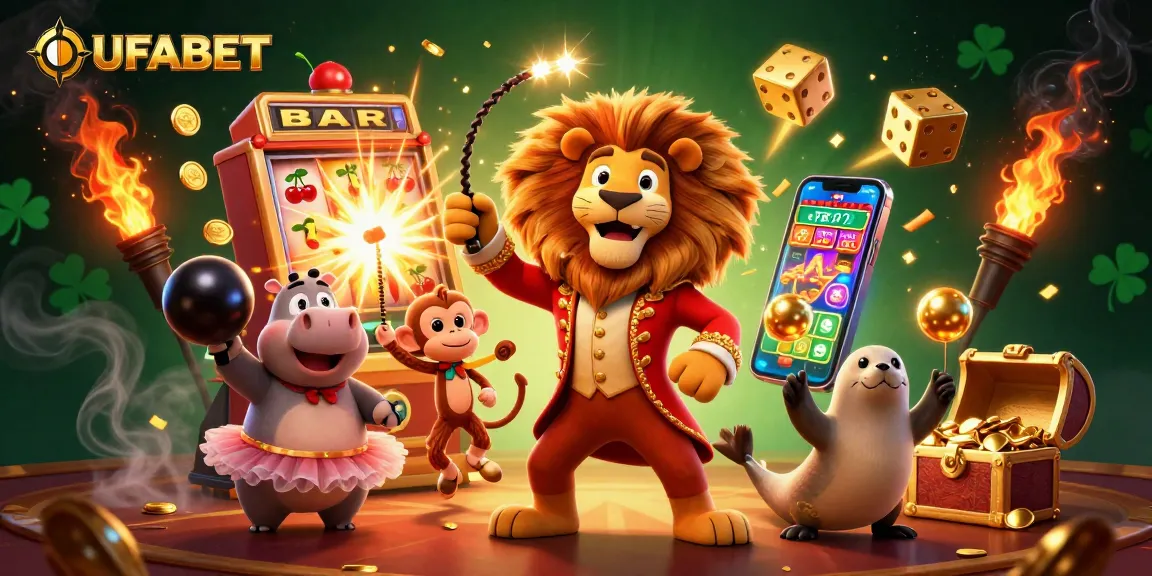 UFABET offers vibrant casino fun with a lively 3D illustration of characters celebrating wins and games.