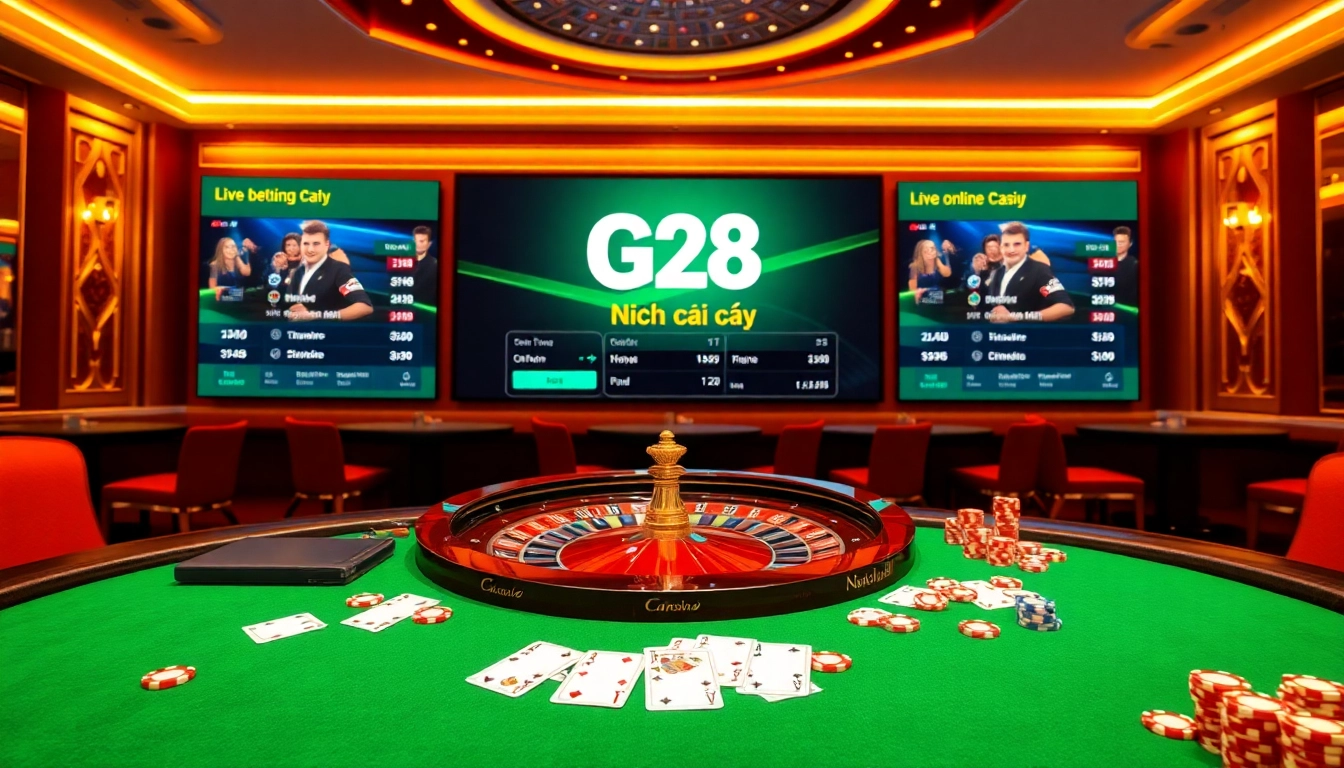 Enjoy thrilling gameplay at Nhà cái G28 with vibrant cards and poker chips in a luxurious casino.