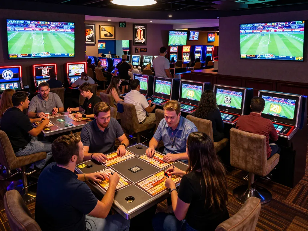 youngsmarts gamblers placing bets in a vibrant sportsbook area with large screen displays