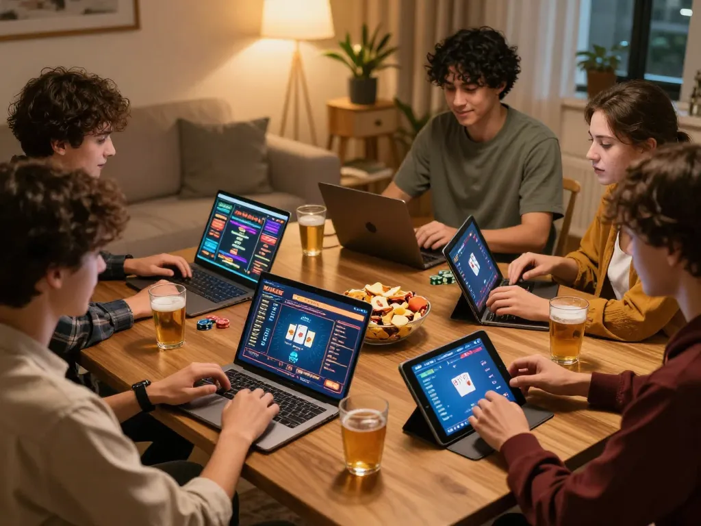 Players enjoying online slots with bonus new member 100 in a cozy living room setup.