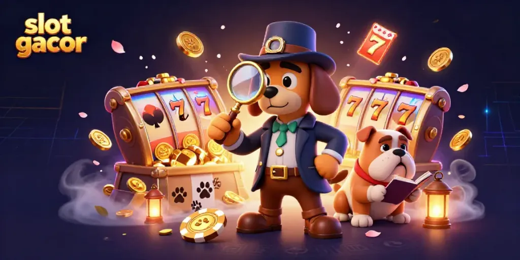 Detective uncovering slot gacor clues amid vibrant casino elements for online gaming excitement.