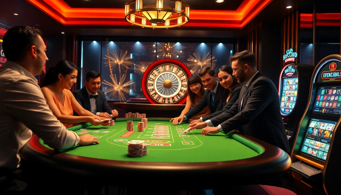 Players enjoying a thrilling game at Hitclub's vibrant casino table with cards and poker chips.