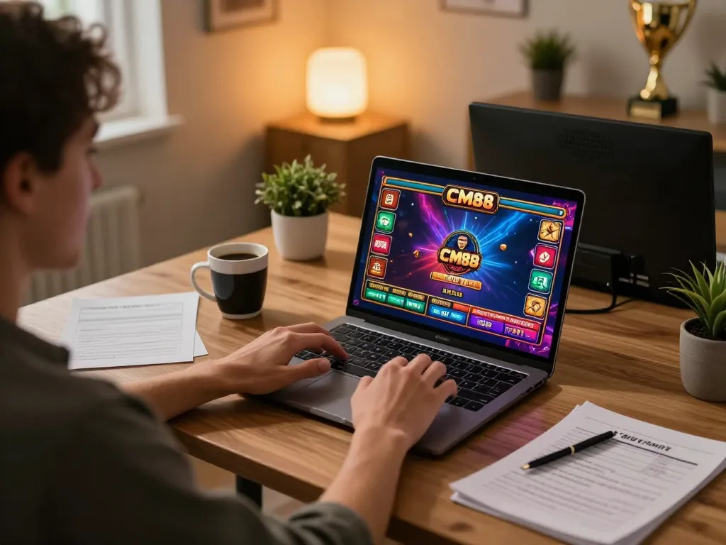 Player enjoying engaging CM88 online casino games on laptop in a stylish home office.