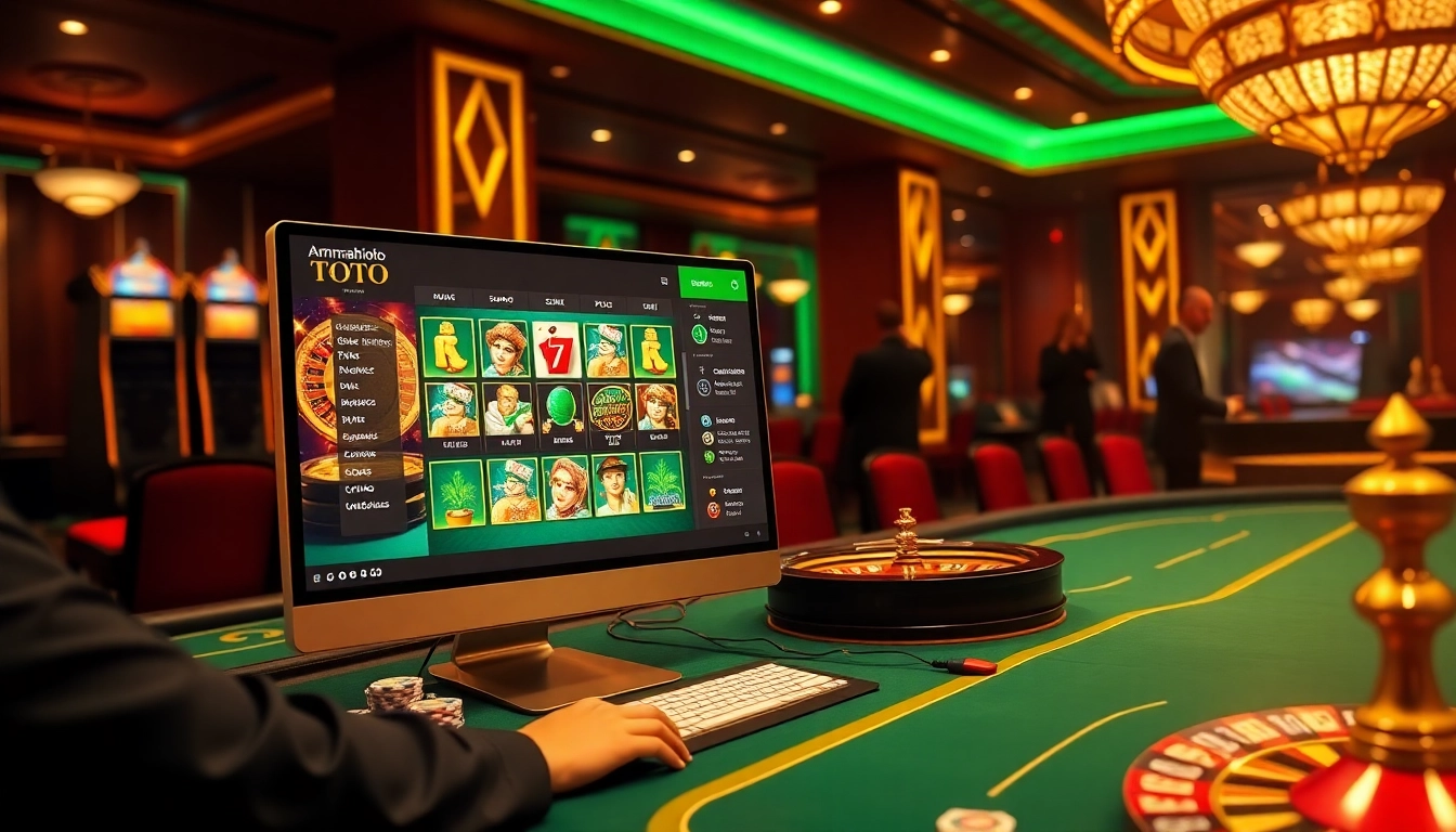 Engaging amanahtoto online gambling scene with vibrant betting options and casino visuals.