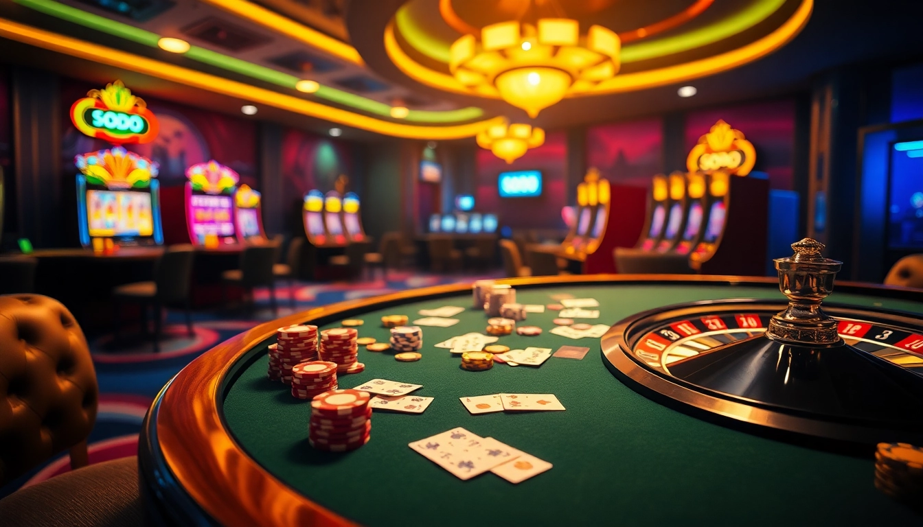 Experience the thrilling gameplay at SODO's vibrant casino scene featuring poker tables and roulette wheels.