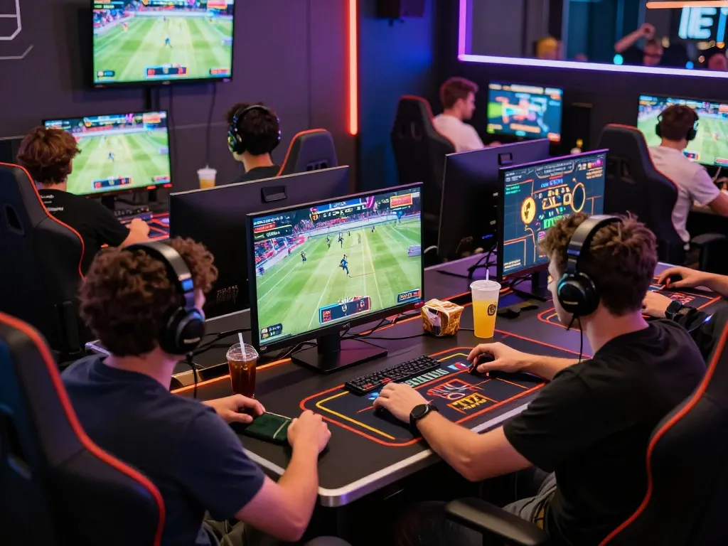 Engaged gamers exploring 88aa nhà cái interfaces in a vibrant online gaming lounge.