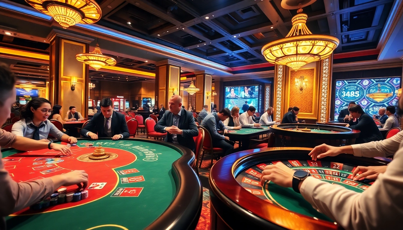 Casino spielen in einem eleganten Casino mit engagierten Spielern an den Spieltischen.