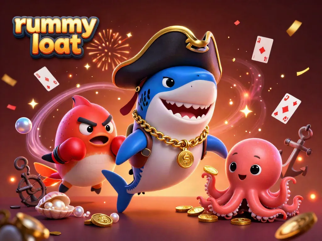 Engage in rummy loot gameplay with pirate-themed characters and vibrant casino elements surrounding them.