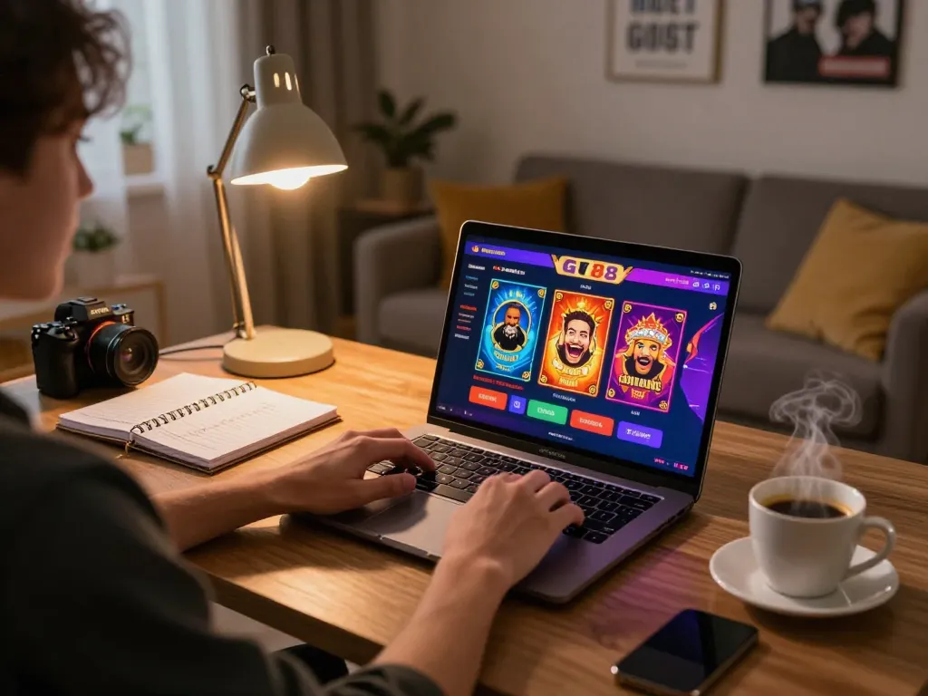 Engaging player enjoying GO88 online casino gaming from home, with strategic notes beside their laptop