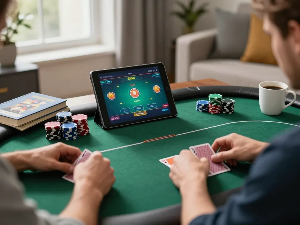 Engaged in strategic online poker, linuxmag-france shows a player handling chips and cards in modern home office.