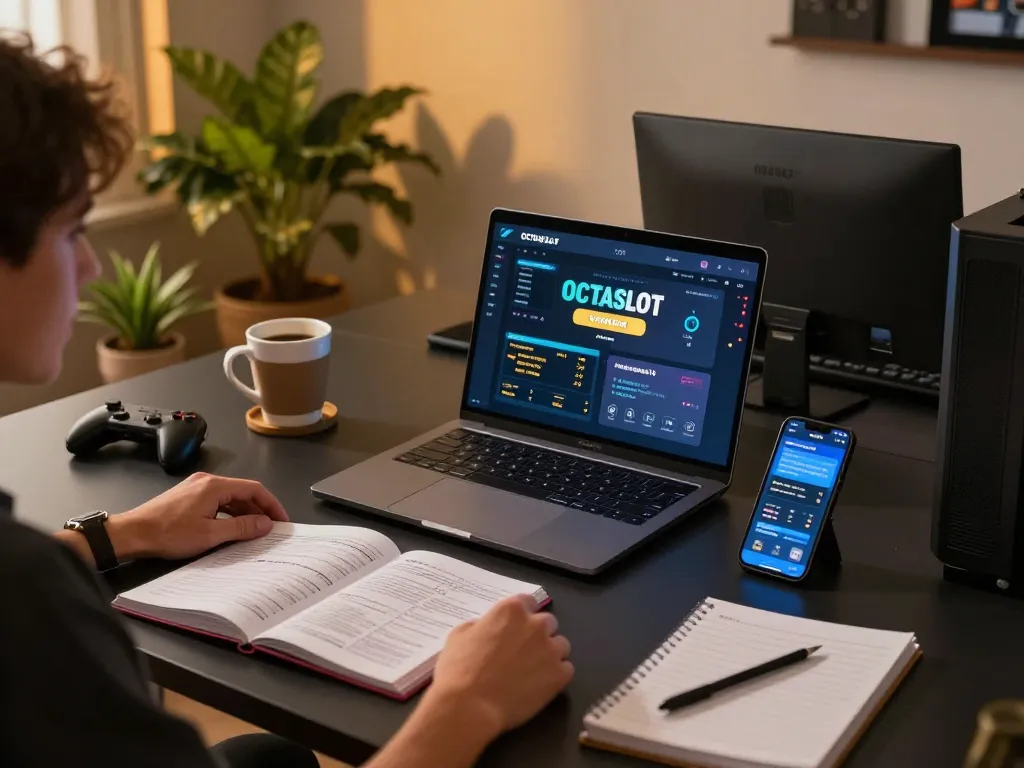 Engaging in strategic online gameplay with OCTASLOT app on a cozy desk setup