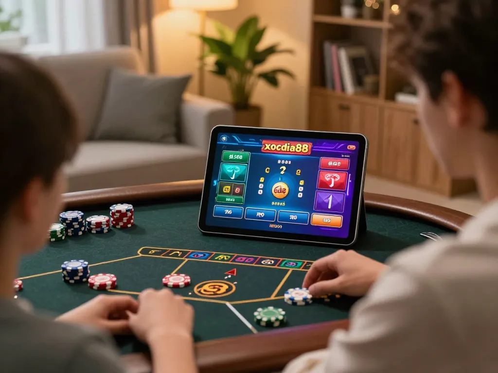 Xocdia88 user placing strategic bets on xóc đĩa in a cozy home environment.